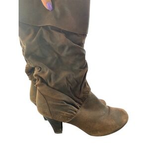 Brown Suede Knee High Slouch Boots Cone Heel Casual Fashion‎ Shoes